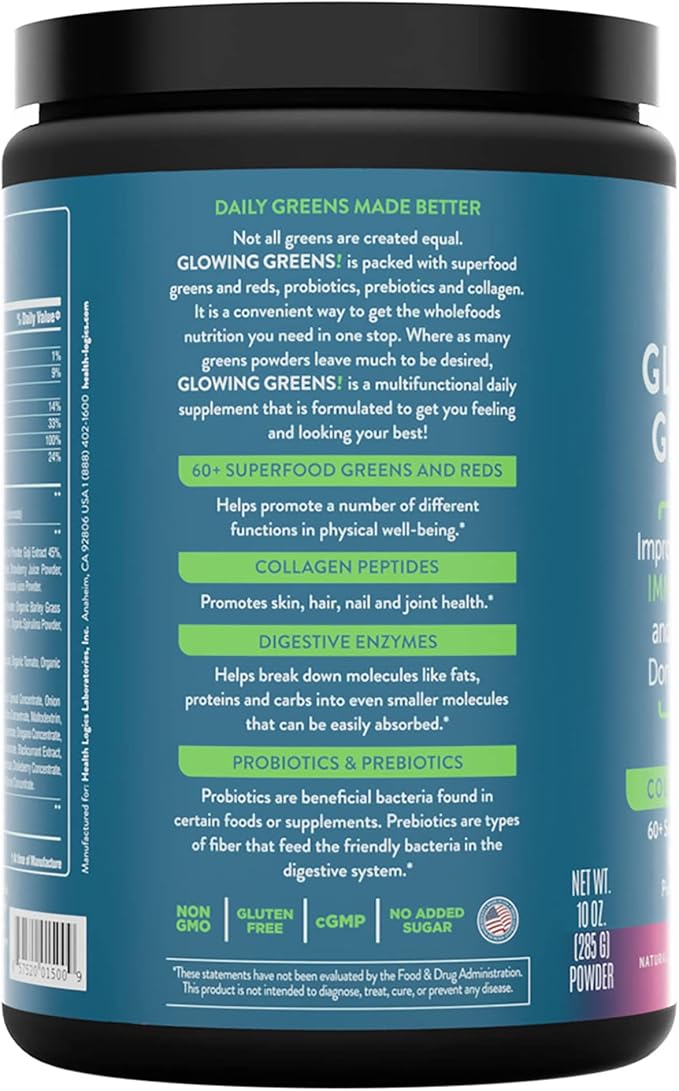 Health Logics Glowing Greens Superfood Powder with Collagen Peptides, Digestive Enzymes, Prebiotics and Probiotics – Antioxidant, Improve Wellness, Immune, Digestive and Gut Health Support