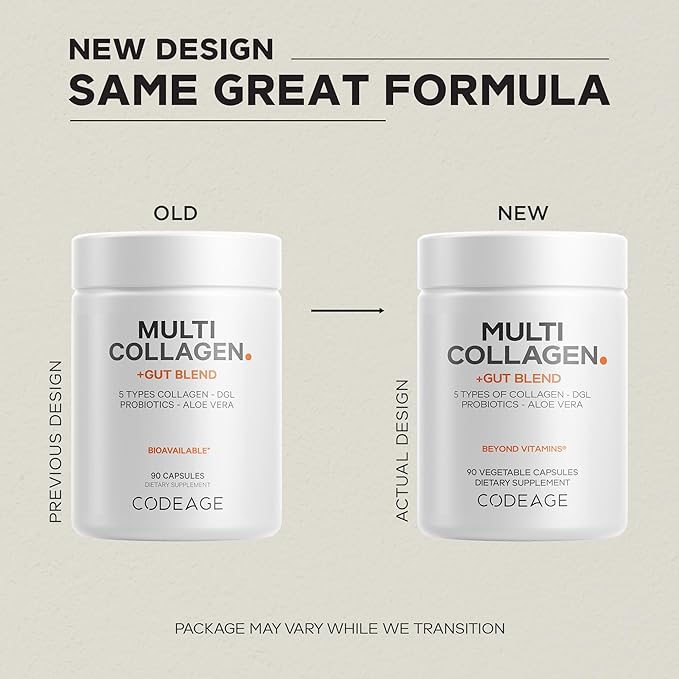 Codeage Multi Collagen + Gut Blend Supplement - Digestive Probiotics, DGL Licorice, Aloe Vera, Organic Peppermint Leaf, Slippery Elm - Hydrolyzed Bovine Collagen Pills - Non-GMO - 90 Capsules