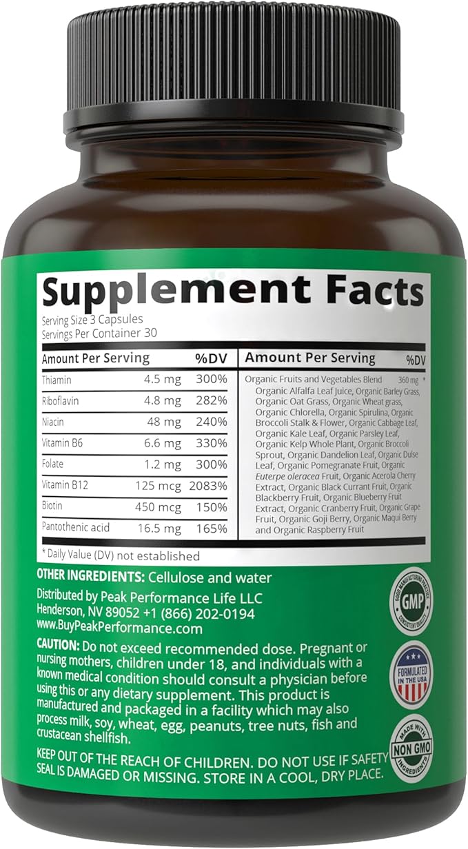 Vitamin B Complex Capsules + Whole Food Blend of 25 Vegetables and Fruits for Max Absorption. Best Vegan B-Complex Supplement with Vitamin B1, B2, B3, B5, B6, B7, B9 and B12. 90 Capsules. Energy Boost