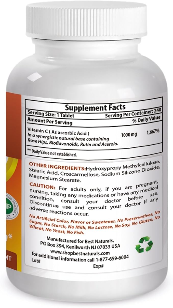 Best Naturals Vitamin C 1000 mg Tablets with Rose HIPS, Berry 240 Count (Pack of 1)
