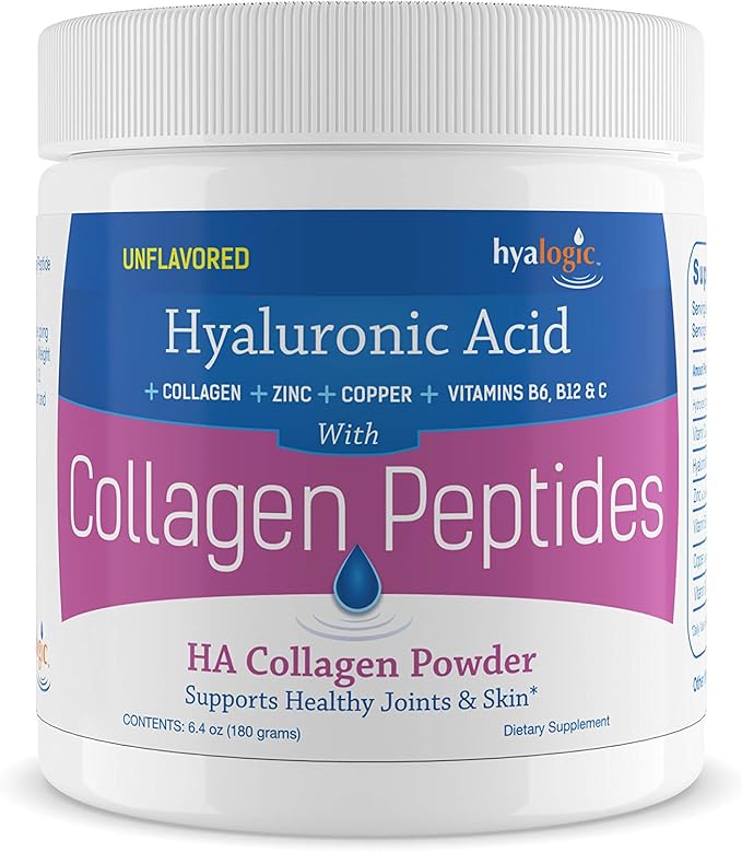 Hyalogic Collagen Peptides Powder w/Hyaluronic Acid, Hydrolyzed Types 1 & 3, Grass Fed, Keto Protein Powder Supplement for Hair Growth, Skin, Nails Unflavored Easy to Mix 6.4 oz (180 gr.)