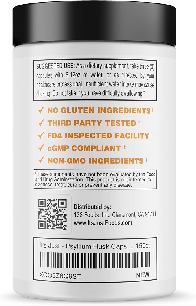 It's Just! - Psyllium Husk, Dietary Fiber Supplement, Veggie Capsules, 1500mg Per Serving, 150ct Bottle (150 Count)