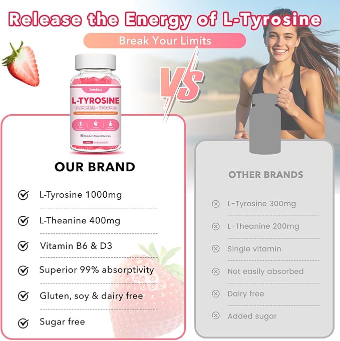 L Tyrosine Gummies, L-Tyrosine Supplement Gummies, L-Theanine Gummies with Vitamin B6 D3, Focus Gummies Support Brain, Memory, Energy, Mood for Adult & Kids, Strawberry Flavor, 60 Count