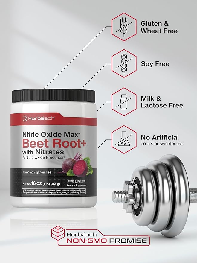 Horbaach Nitric Oxide Powder | 16 oz | Supplement for Men & Women | with Beet Root & Nitrates | Mixed Berry Flavor | Vegan, Non-GMO & Gluten Free
