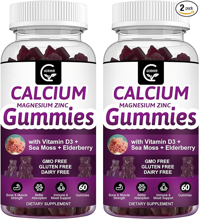 Calcium Magnesium Zinc Gummies with High Absorption Magnesium Glycinate Potassium - Plant Complex Calcium Magnesium 2:1 Ratio, with D3 Sea Moss for Bone, Muscles, Immune & Sleep Support, Vegan-2 Pack