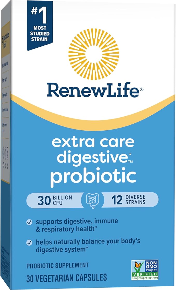 Renew Life Extra Care Go-Pack Probiotic Capsules, Daily Supplement Supports Immune, Digestive and Respiratory Health, L. Rhamnosus GG, Dairy, Soy and gluten-free, 30 Billion CFU, 30 Ct