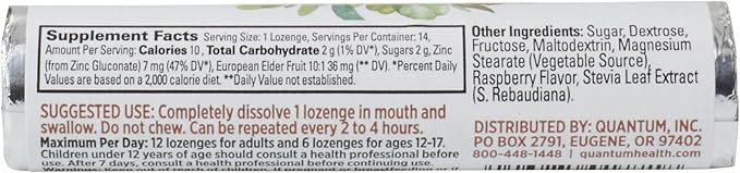Quantum Health TheraZinc Zinc Lozenges|Elderberry Raspberry|Immune Support Formulated with Zinc Gluconate|Fast Relief|No Aftertaste|14 Count