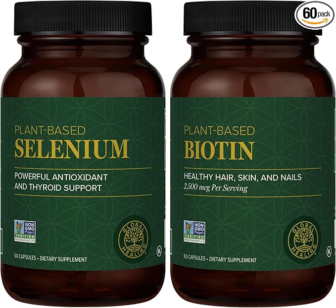 Global Healing Selenium and Biotin Supplement Kit - Antioxidants for Thyroid Support, Skin Support, Stronger Nails and Hair