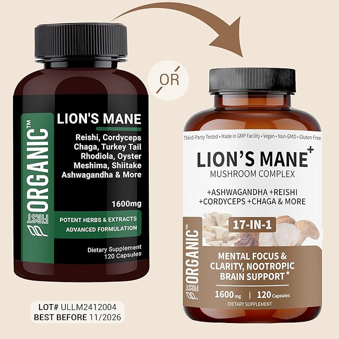 Lion’s Mane+ Mushroom Complex 1600mg - 120 Capsules - Supports Cognitive, Focus & Clarity Health with Ashwagandha, Reishi, Cordyceps & Chaga - Third-Party Tested, Vegan, Non-GMO, Gluten-Free