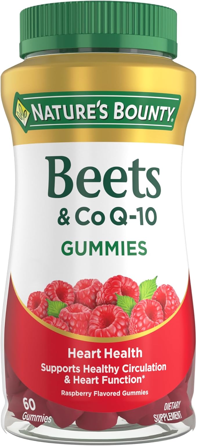 Nature's Bounty Beets & Co Q-10 Gummies for Heart Health, Coenzyme Q10, Beet Root Extract, Supports Healthy Circulation and Heart Function, Cellular Energy Production, Raspberry Flavor, 60 Gummies