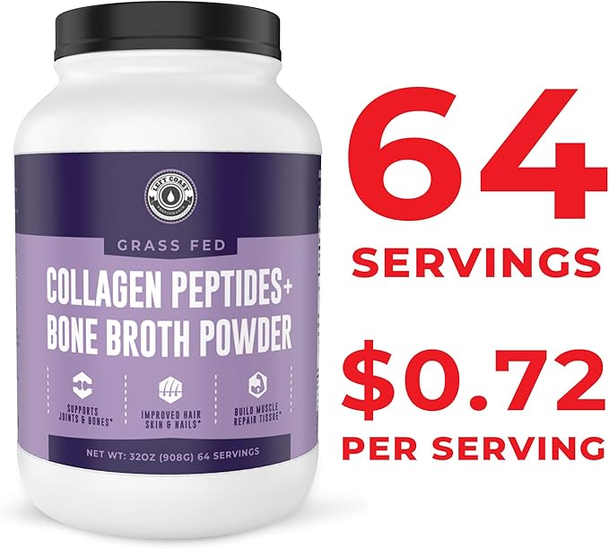 Left Coast Performance Collagen Bone Broth Powder 2lb, Bone Broth with Grass Fed Collagen Peptides. Unflavoured, Grass Fed, Hydrolyzed Beef, Zero Carb, Dairy Free Protein Powder. 64 Servings