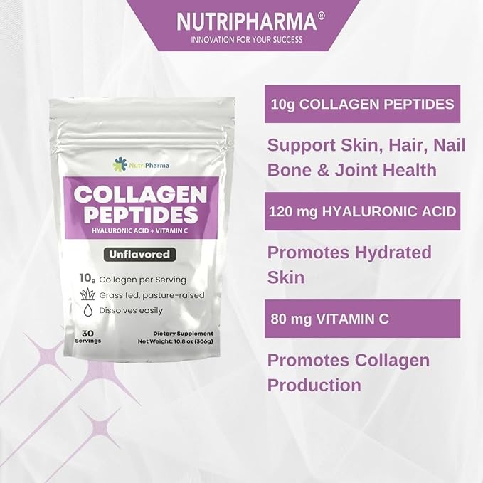Collagen Peptides Powder with Hyaluronic Acid and Vitamin C, Promotes Hair, Nail, Skin, Bone and Joint Health, Unflavored Collagen Protein Powder, 30 Servings, 10,8 oz