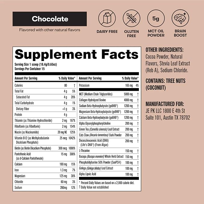 Perfect Keto Nootropic Brain Support, Caffeine Free Focus and Energy Supplement with Alpha Lipoic Acid, L Theanine, Ginkgo Biloba, Alpha GPC, MCT's, Collagen, Ketones, Chocolate Drink Mix, 15 Servings