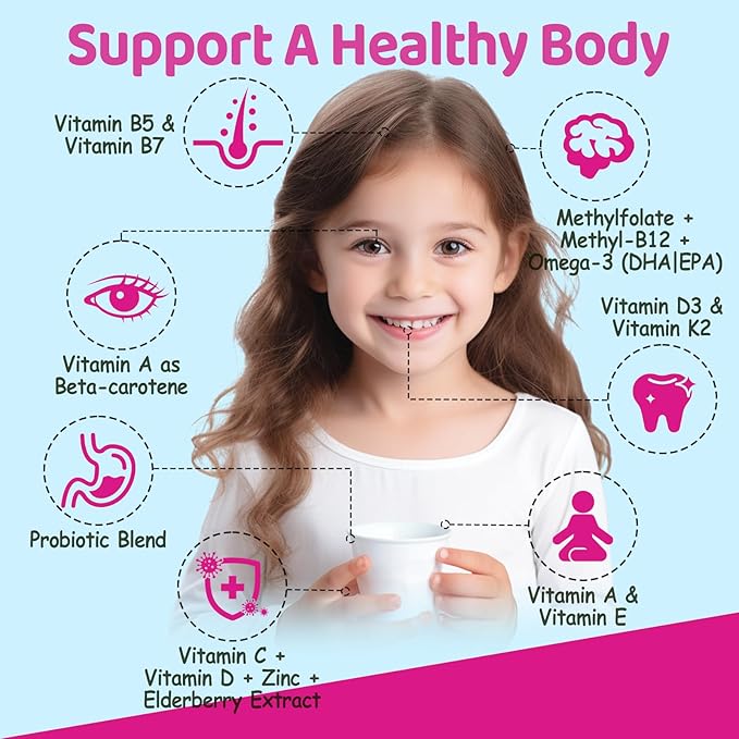 Kids Methylated Multivitamin - Chewable Multivitamin for Kids & Teens 4+, With L Methylfolate, Vegan Omega-3, Zinc, Probiotics & Elderberry, Immune Support, Brain Health, MTHFR Supplement, Sugar-Free