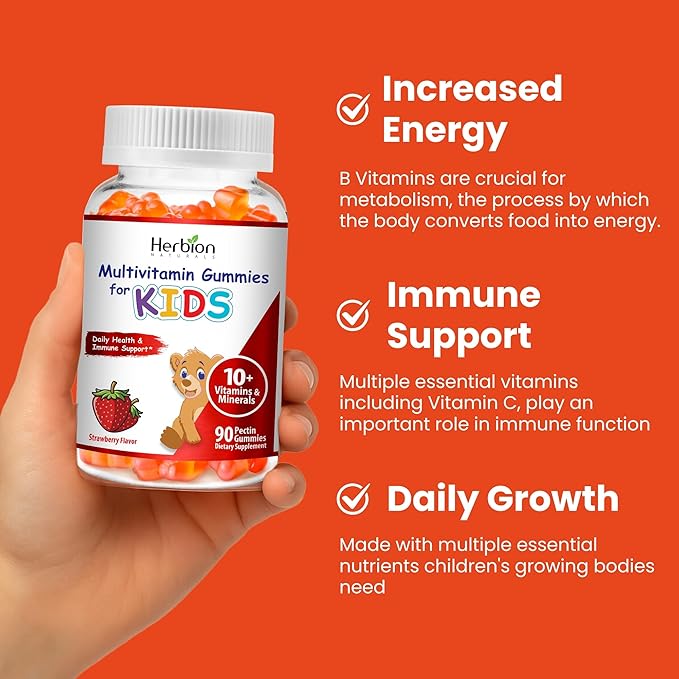 HERBION Naturals Multivitamin Gummies for Kids | Immune Support with Vitamin C, D3, B12, A, E & Zinc | Strawberry Flavor | Gluten Free, Vegan, Chewable Gummy Vitamins | 90 Ct | Pack of 24