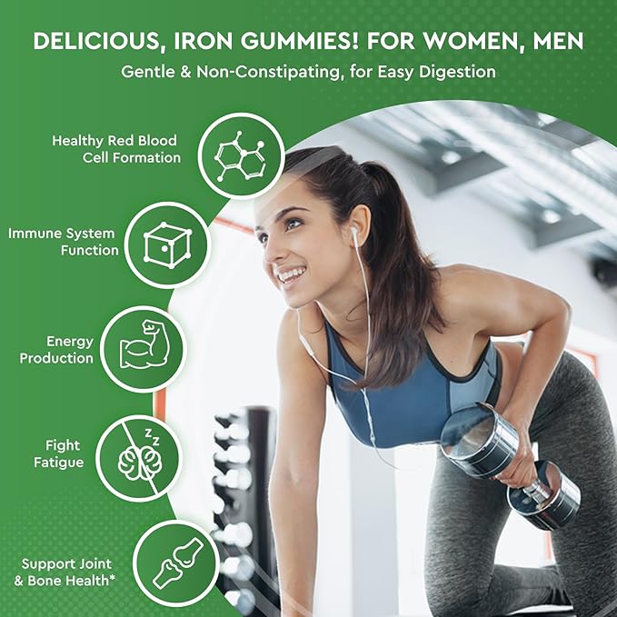Iron Gummies with Zinc, Calcium, Vitamin C, B6 & B12 | Iron Supplement for Women, Men & Kids | Supports Anemia & Deficiency, Blood Builder & Cell Formation | Chewable Pineapple Flavor | 60 Gummies