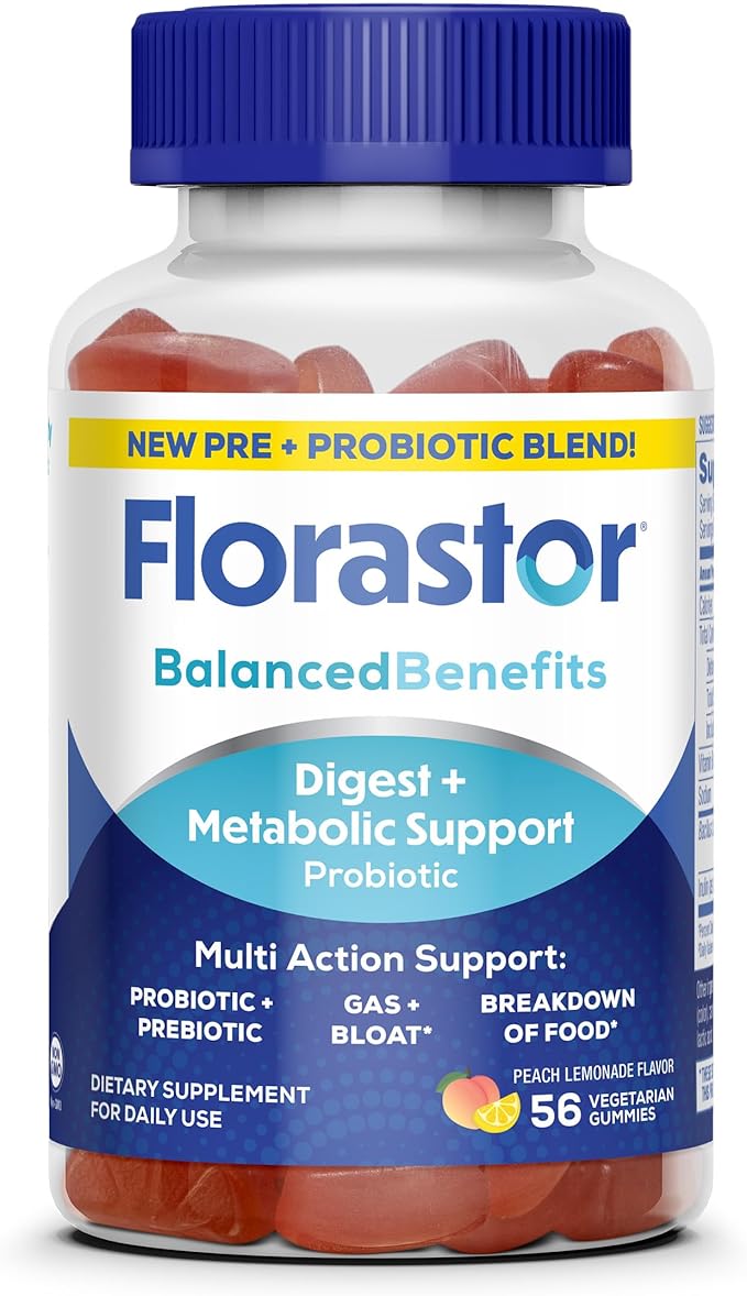 Florastor Digestive and Metabolic Support Probiotic Blend, Prebiotic and Probiotic Gummies for Multi-Action Digestive Health Care, with Vitamin B12, 56 Gummies