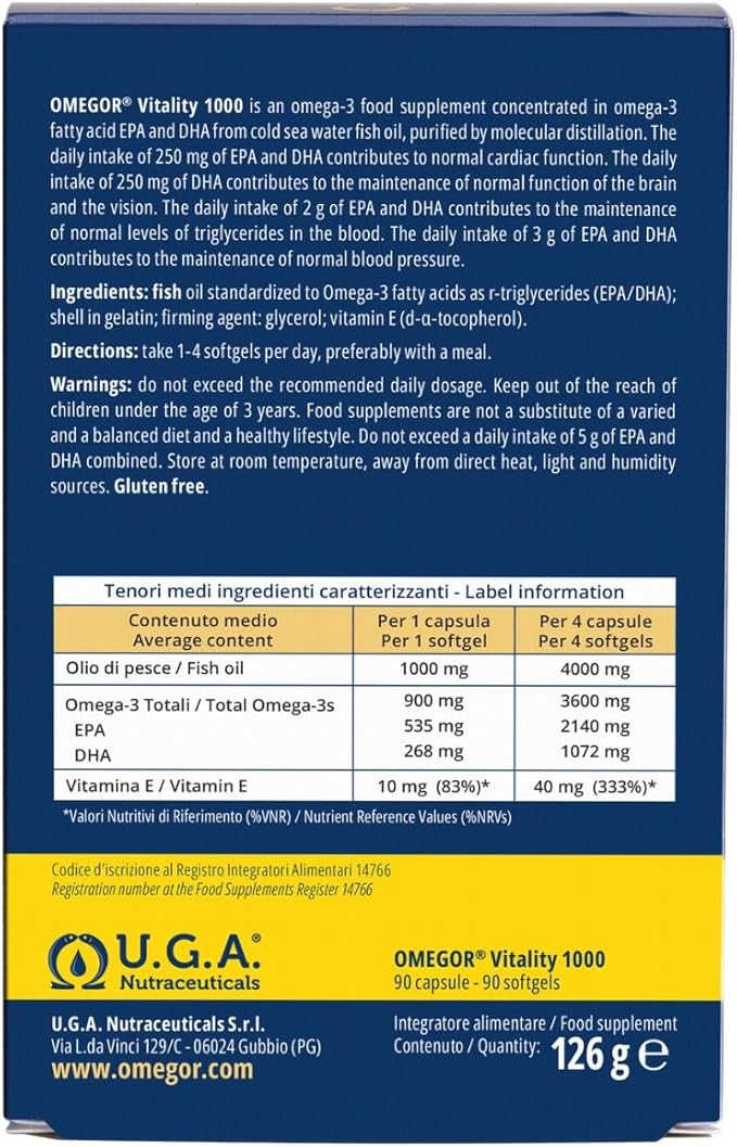 OMEGOR Omega 3 1000mg Fish Oil Capsules IFOS Certified Vitality 1000 DHA EPA Omega3 Supplement - No Fishy Aftertaste, Non-GMO (90 Softgels)