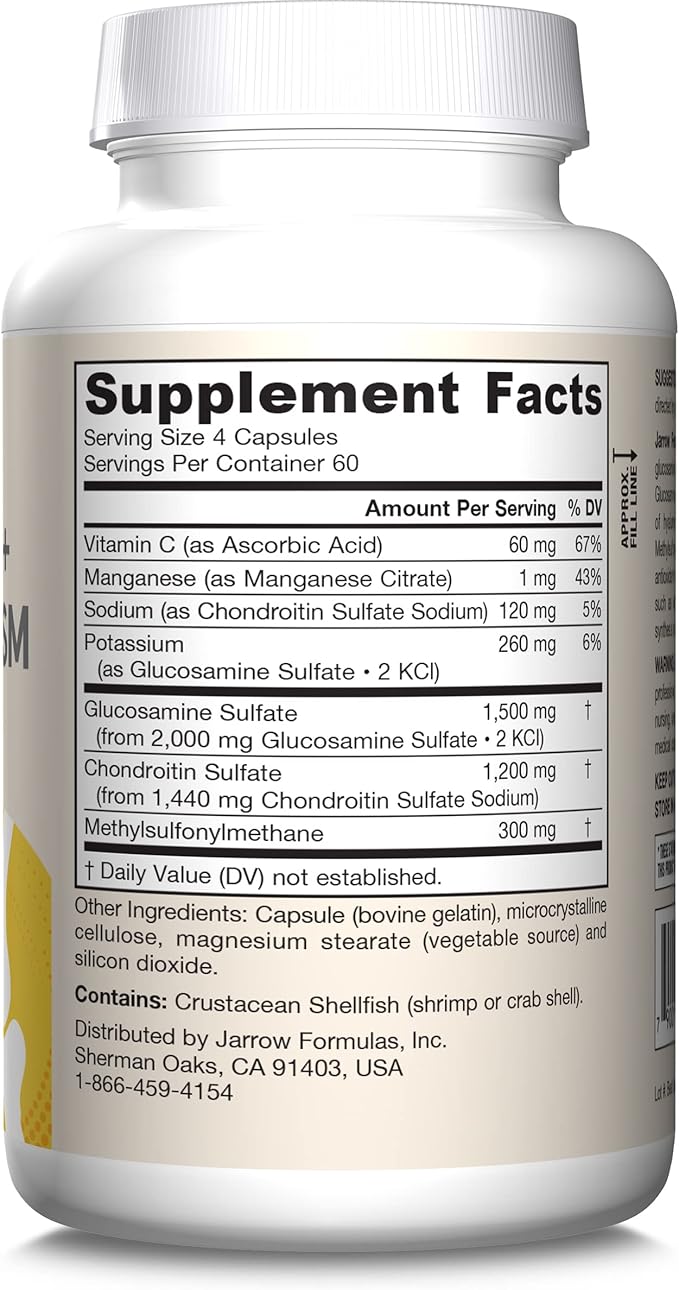 Jarrow Formulas Glucosamine + Chondroitin + MSM Capsules, Joint Support Supplement with Vitamin C and Manganese, 240 Capsules, 60 Day Supply