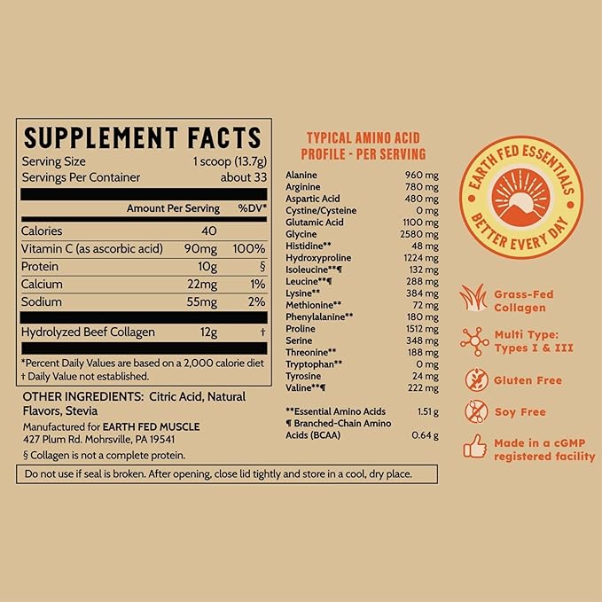Earth Fed Muscle Lemonade Collagen Peptides - Hair, Skin, Joints, 33 Servings
