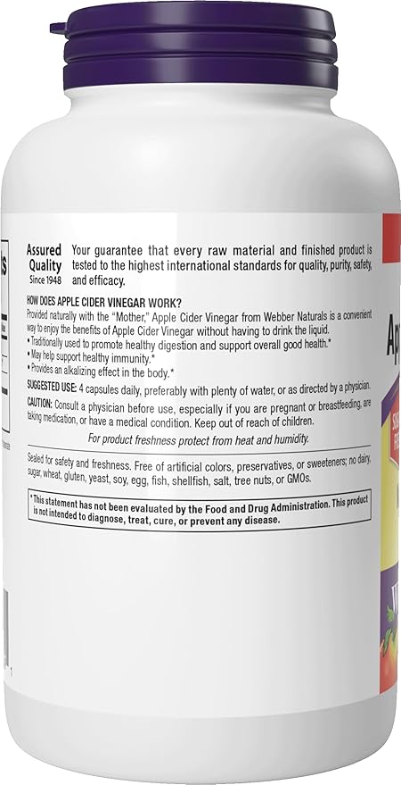 Webber Naturals Apple Cider Vinegar 2000 mg with The Mother, High Potency, 300 Capsules, 2000 mg per Serving, Natural Digestion Support, Non-GMO, Gluten, Dairy & Sugar Free