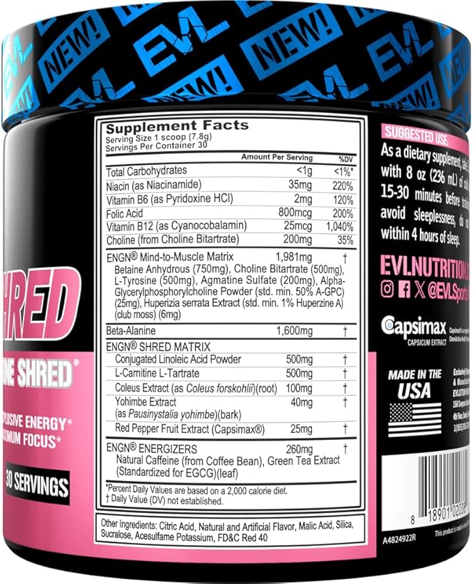 EVL Ultimate Pre Workout Powder - Thermogenic Fat Burn Support Preworkout Powder Drink for Lasting Energy Focus and Stamina - ENGN Shred Intense Creatine Free Preworkout Drink Mix - Pink Lemonade
