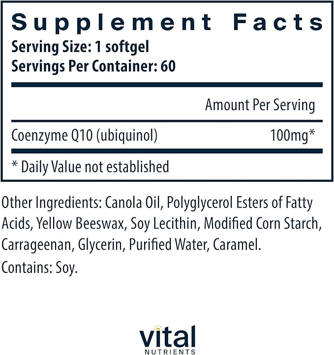 Vital Nutrients Ubiquinol CoQ10 100mg | Activated Form of Coenzyme Q10 | Potent Antioxidant to Support Cardiovascular and Brain Health* | Gluten and Dairy Free | 60 Vegetarian Softgels