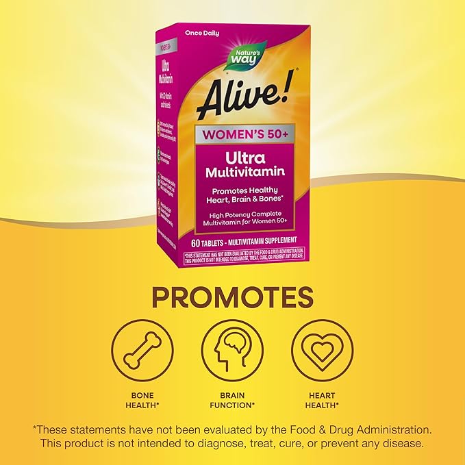 Nature’s Way Alive! Women’s 50+ Ultra Potency Complete Multivitamin, High Potency Formula, Promotes Healthy Heart, Brain, Bones*, with Methylated B12, Gluten-Free, 60 Tablets
