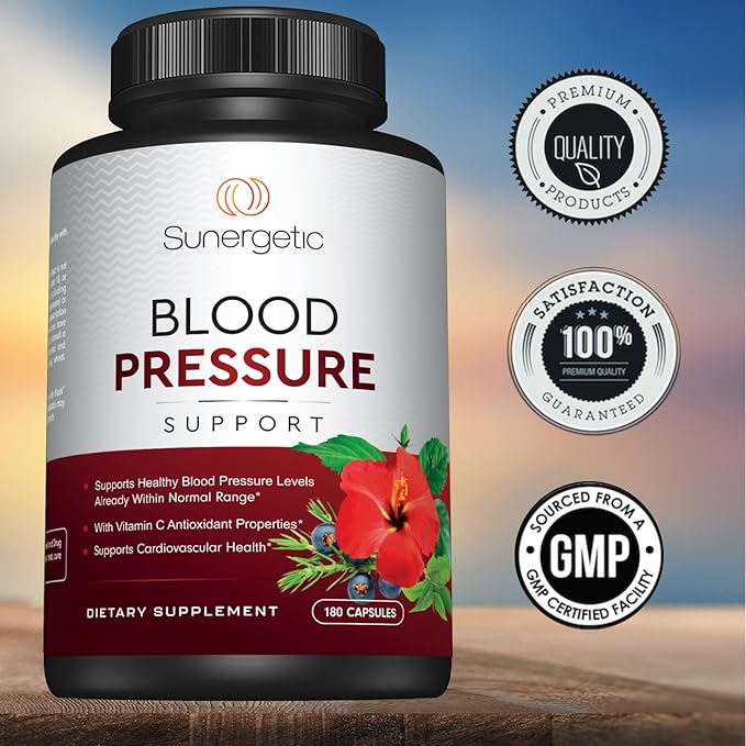 Premium Blood Pressure Support Supplement for Cardiovascular & Heart Health with Garlic, Hawthorn & Hibiscus (180 Capsules)