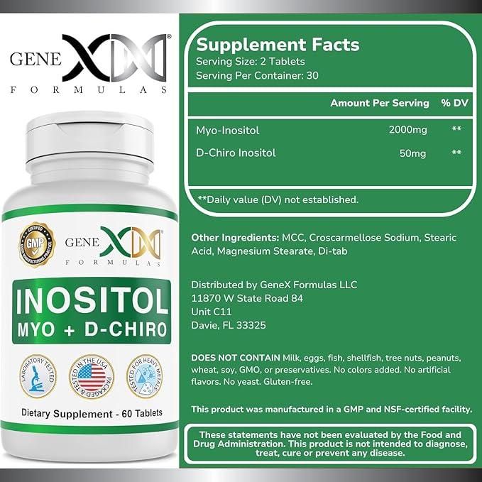 Genex Formulas 40:1 Myo-Inositol 2000mg D-Chiro Inositol 50mg (60 Tablets) Supports Hormone Balance & Ovarian Function - Vegan, Gluten Free, Non-GMO (30 Day Supply)