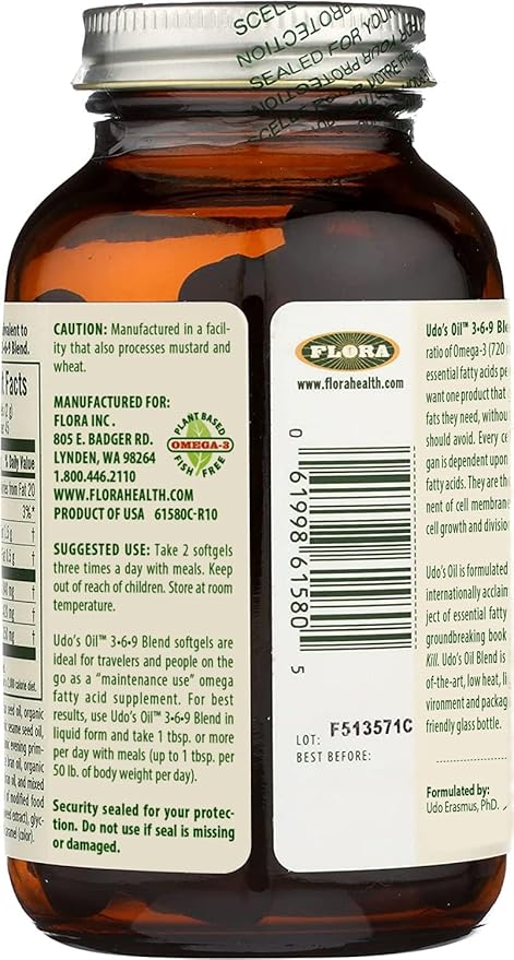Flora Health Udo's Oil 3-6-9 Blend, Balanced Omega Fatty Acids from Flax, Sesame, Sunflower 90 Vegetarian Softgels