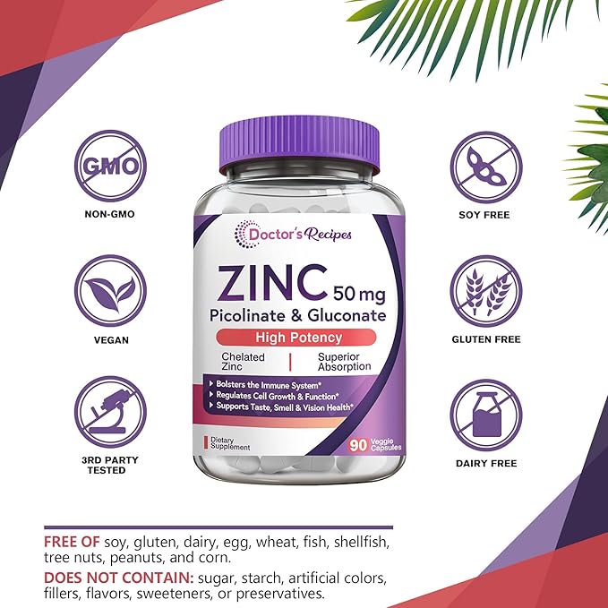 Doctor’s Recipes Zinc Capsules 50 mg from Highly Absorbable Zinc Picolinate & Gluconate, Supports Natural Immune Defense, DNA & Protein Formation, Cell Growth, Non-GMO No Dairy 90 Veggie Caps