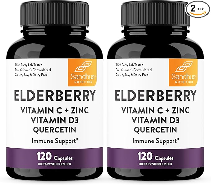 Sandhu's Elderberry Vitamin C & Zinc with Quercetin Capsules for Men & Women | Supports Immunity, Bone Health and Quality Sleep | 240 Count