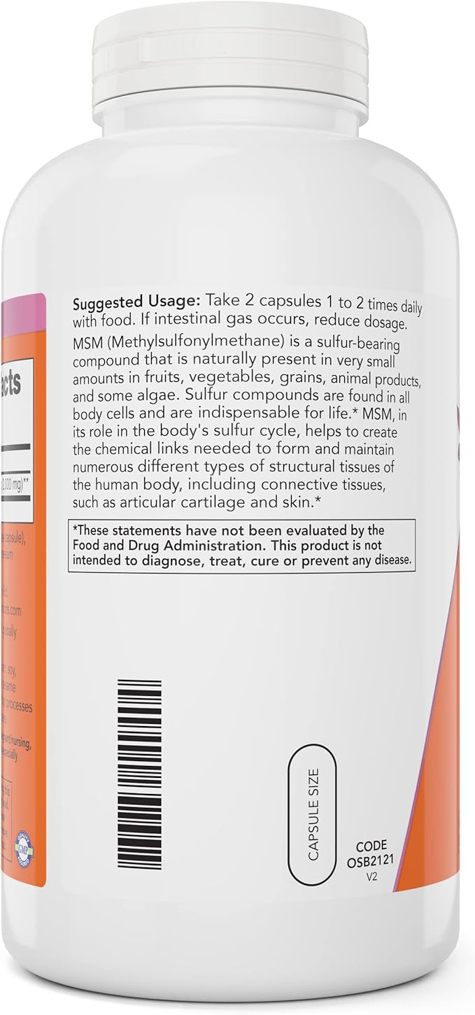 Now MSM 1000mg Veg Capsules, 400 Count Methyl-Sulphonyl-Methane, Made in USA, Sulfur Supplement, Joint Health, Non-GMO, Vegan Vegetarian Friendly