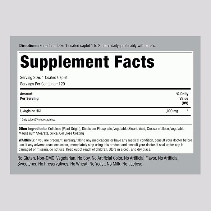 Piping Rock L-Arginine HCl 1000 mg | 120 Caplets | Mega Strength Supplement | Vegetarian, Non-GMO, Gluten Free