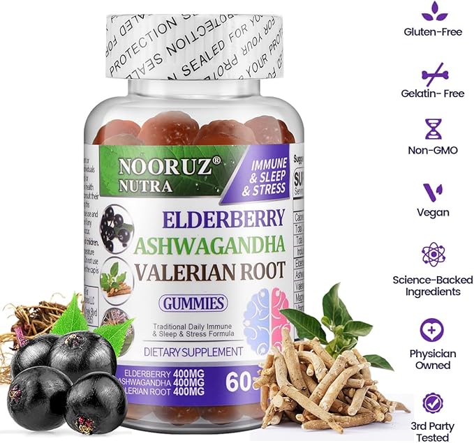 Ashwagandha Elderberry Valerian Root Gummies - Triple-Action Vegan Supplement for Healthy Cortisol Levels,Sleep Support - Non-GMO, Plant-Based, Gluten-Free, Gelatin-Free Vitamins