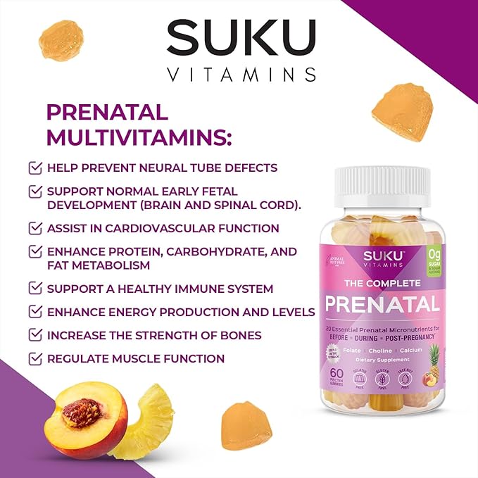 SUKU Prenatal Multivitamin Gummies – Folate, Calcium, Vitamin D3, B12, K2 – Sugar-Free, Vegetarian, Gluten-Free Pregnancy Support – Pineapple Peach Flavor – 60 Count