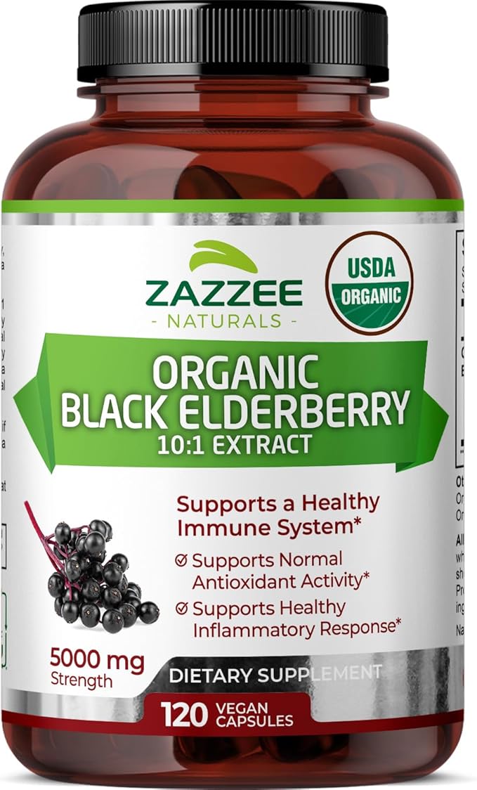 Zazzee USDA Organic Black Elderberry 10:1 Extract, 5000 mg Strength, 120 Vegan Capsules, 2 Month Supply, Standardized, Concentrated 10X Extract, 100% Vegetarian, All-Natural, Non-GMO, Made in The USA