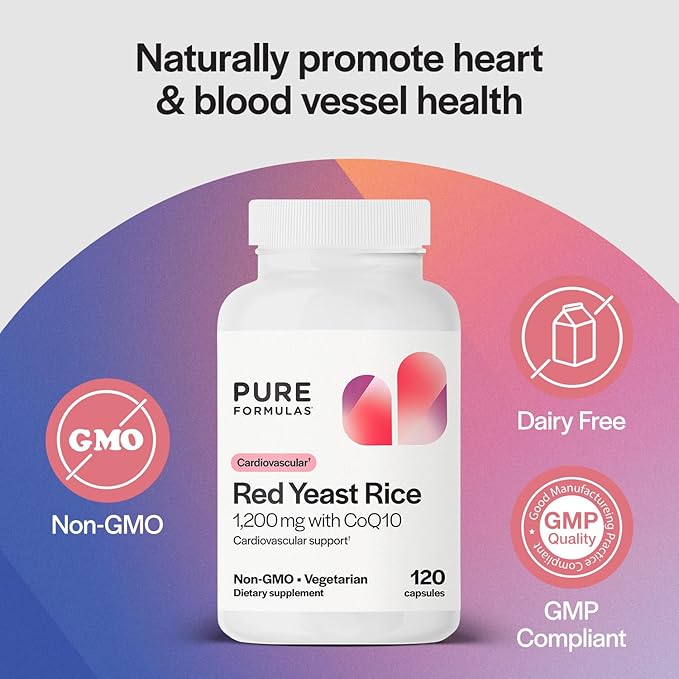 PureFormulas Extra Strength Red Yeast Rice 1200mg with CoQ10 100mg, Cholesterol Support Supplement, Citrinin-Free, Non-GMO, Gluten-Free, 120 Capsules (2 Months Supply)