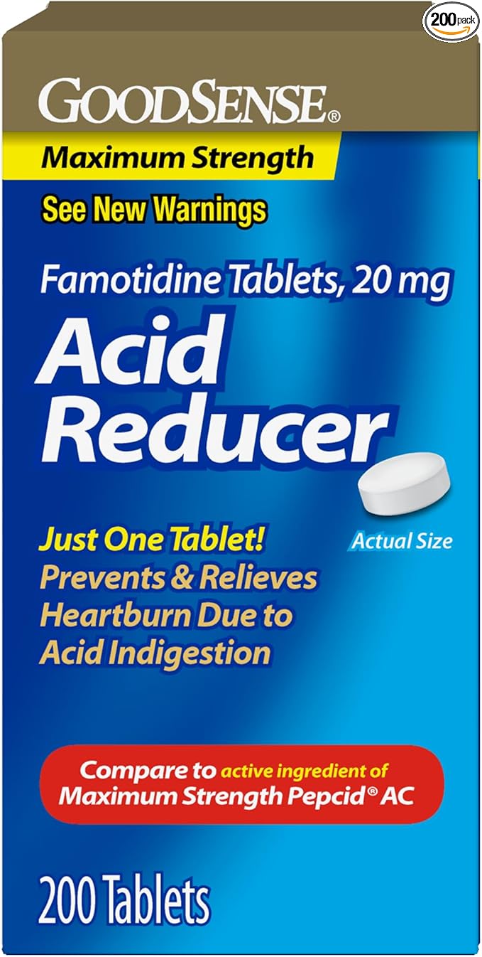 GoodSense Maximum Strength Famotidine Tablets 20 mg, Acid Reducer for Heartburn Relief, 200 Count