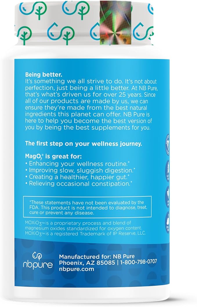 nbpure MagO7 - Natural Colon Cleanse & Detox - Occasional Constipation Relief, Stool Softening, & Bloating Support for Men & Women - Ozonated Magnesium Oxide, 180 Capsules