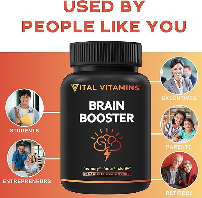 Vital Vitamins Brain Supplements for Memory and Focus – Nootropic Brain Booster with Bacopa Monnieri, Ginkgo Biloba, Rhodiola – Caffeine-Free Support for Adults & Seniors – 30-Day Supply, 30 Capsules