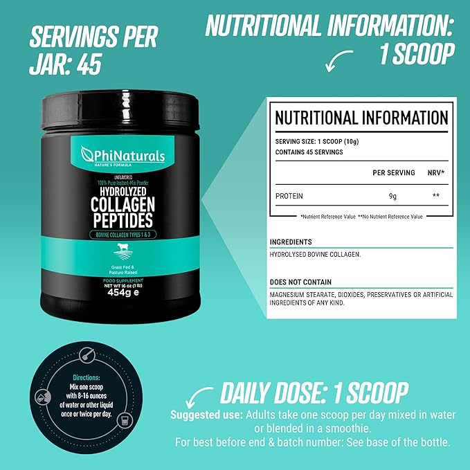 PhiNaturals Hydrolyzed Collagen Peptides Powder (unflavored) for Women and for Men - Grass Fed Bovine Beef Collagen