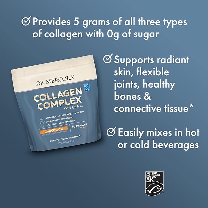Dr. Mercola Collagen Complex Powder, Chocolate Flavor, 30 Servings, Powdered Dietary Supplement, Supports Youthful-Looking Skin, Non-GMO, MSC Certified