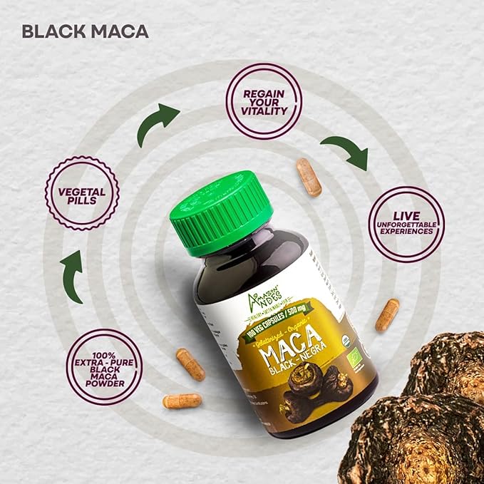 Black Maca Root Capsules l Organic Vegan Pills l 1500mg per Serving l Reproductive Health for Men l Natural Energy Booster l Adaptogen Function l Non GMO and Gluten Free l Amazon Andes