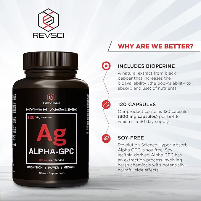 Alpha GPC Supplement & BioPerine for Hyper Absorption - 120 Count, 600mg Serving - Nootropics for Memory, Focus, Energy, Motivation - Choline Supplements to Boost Acetylcholine, USA Made by RevSci