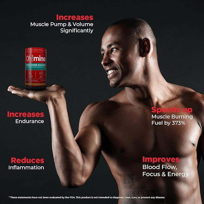 Oh!mino L-Arginine Nitric Oxide Supplement - Blood Flow Supplement, Nitric Oxide Booster w/Beetroot Powder for Energy, Focus, Endurance, Muscle Building - Pre & Post Workout (120-Count, 30 Servings)
