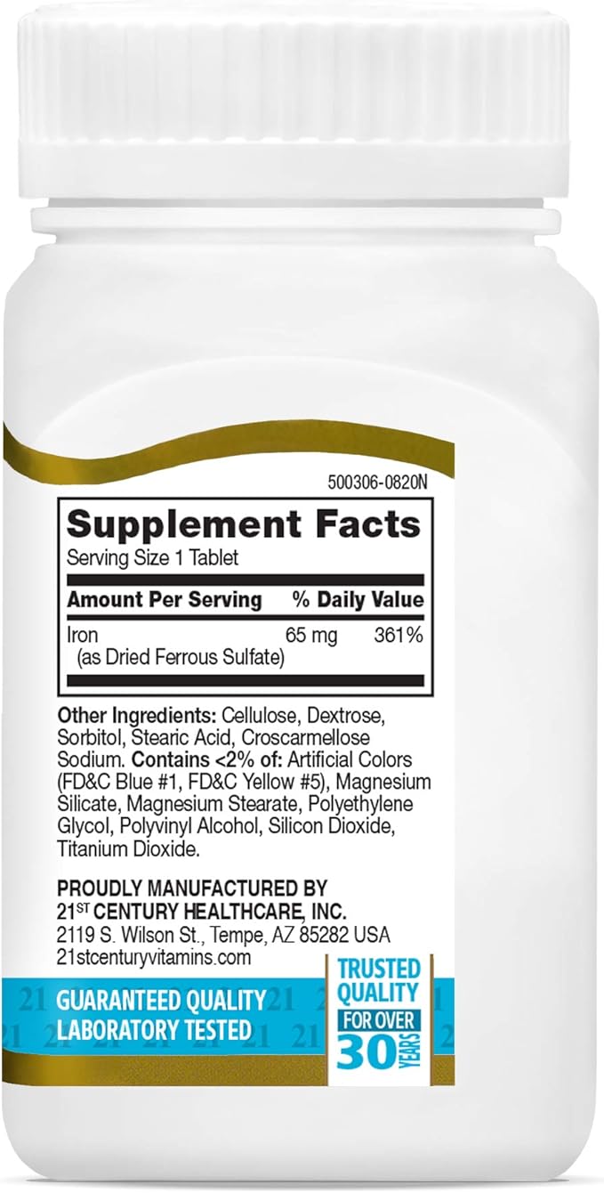 21st Century Iron 65 mg Ferrous Sulfate 325 mg Tablets, 120 Count
