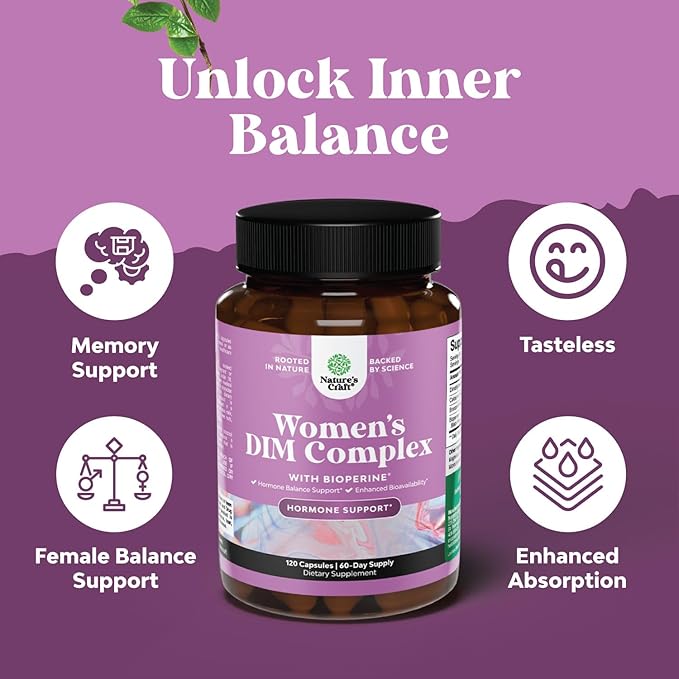 Natures Craft Potent DIM Supplement for Women - Hormone Balance for Women with DIM and Black Pepper Menopause Support and PMS Relief - Menopause Supplements Extra Strength 300mg per Serving