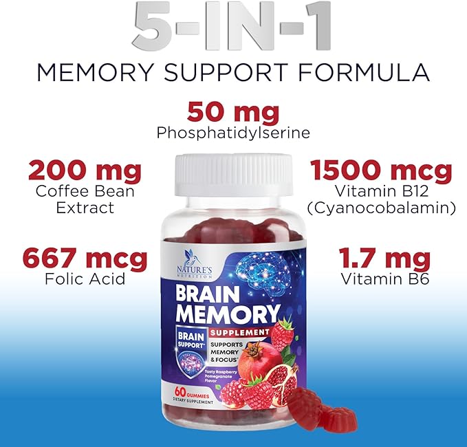 Brain Supplement Gummies for Concentration Memory & Focus Support - Brain Clarity Health with B6 B12, Phosphatidylserine, Coffee Extract, Nootropics Cognitive Vitamins for Adults - 60 Vegan Gummies